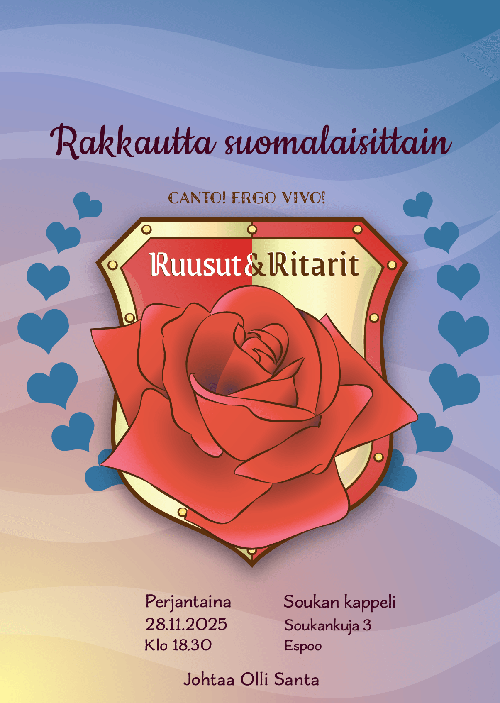 Rakkautta suomalaisittain -konsertin juliste, jossa näkyy Ruusut ja Ritarit kilpi sydämien keskellä. Suunnitellut Jenniina Laine